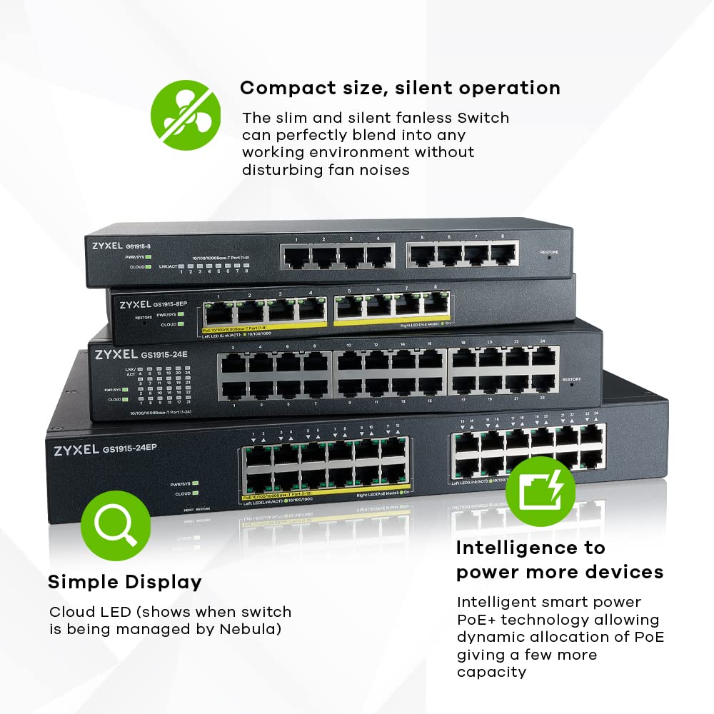 ZYXEL 24 Port PoE Switch Gigabit Ethernet Smart (GS1915-24EP) - Managed, with 12x PoE+ @ 130W, Optional Nebula Cloud, Rackmount, Limited Lifetime Protection