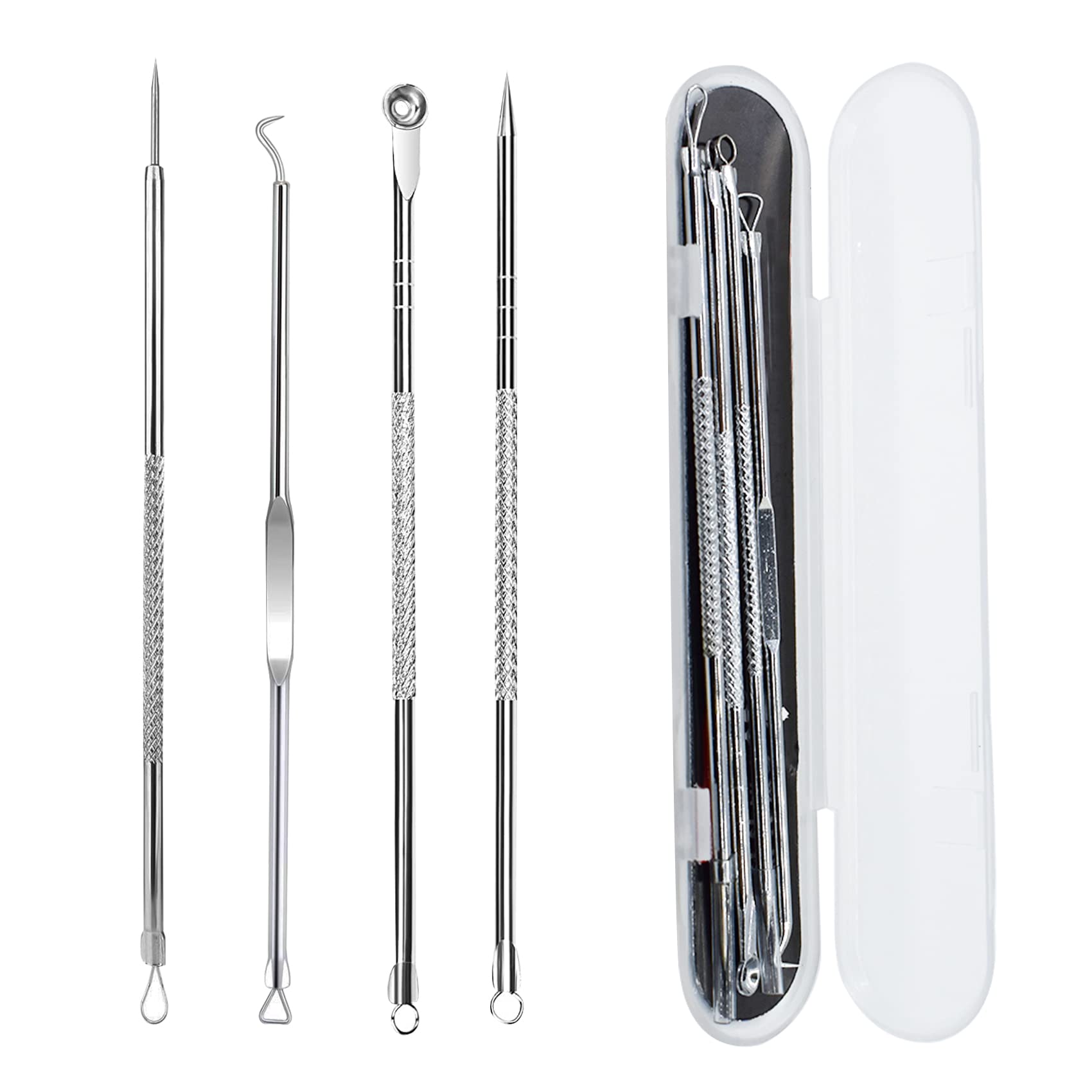 4PCS Blackhead Acne Removal Extractor, Curved Blackhead Tweezers Kit, Professional Stainless Pimple Acne Blemish Removal Tools Kit with Storage Box