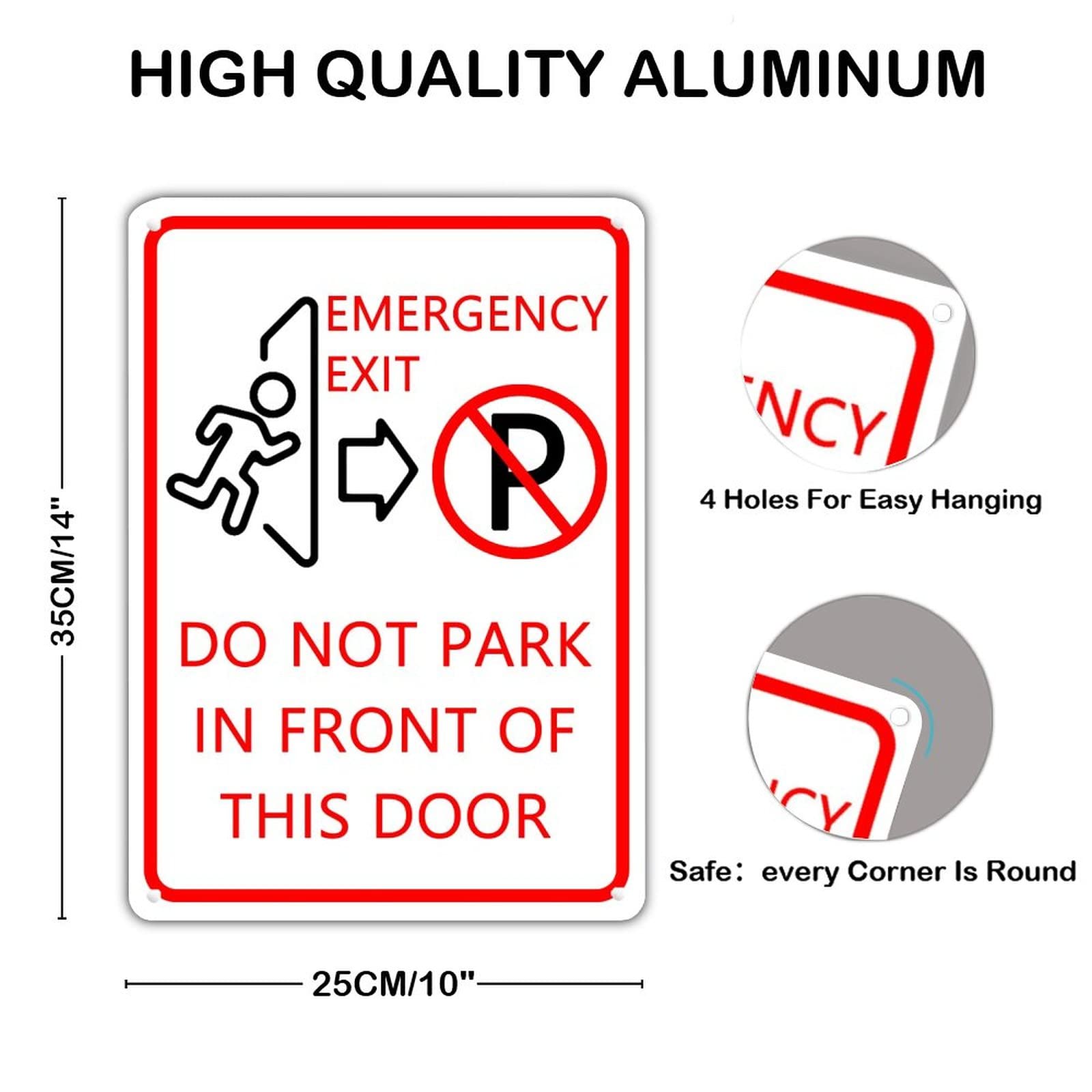 Warning Metal Sign Emergency Exit Do Not Park in Front of This Door Outdoor Tin Metal Sign Fade Resistance Durable Rust Free UV Protected Metal Decor Wall Decorative For Cafes Pubs Home Gate 14x10in