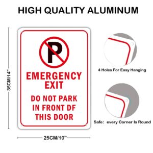 Emergency Exit Do Not Park in Front of This Door Aluminum Sign Durable Warning Wall Tin Sign Weather Resistant UV Protected Rust Free Aluminum Metal Wall Sign Decoration For Home Gate 14x10in