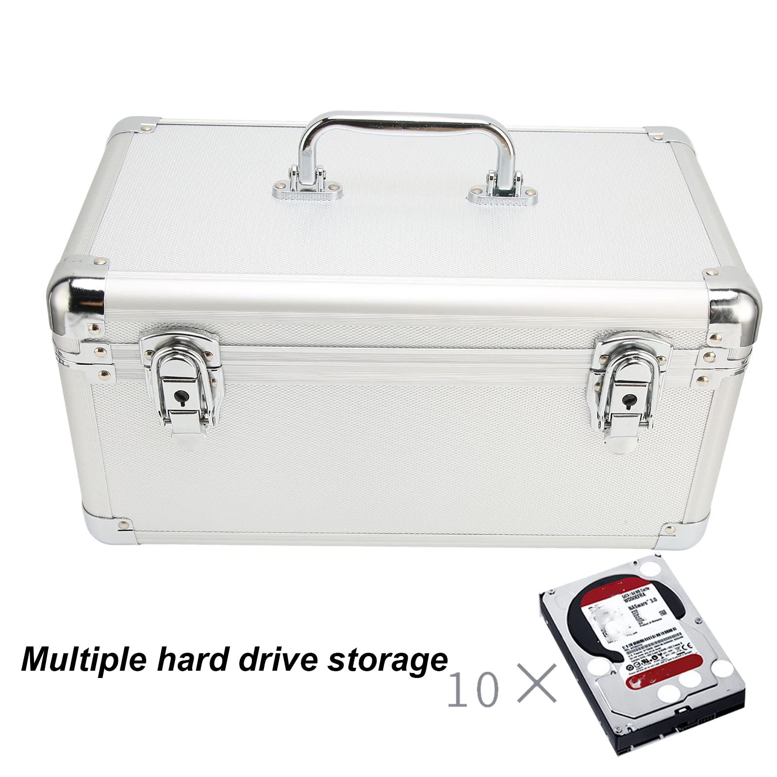 3.5in Hard Drive Box, Hard Drive Storage Box with 10 Bays, HDD Storage Box Suitcase for 3.5inch Hard Drives, Double (Silver)