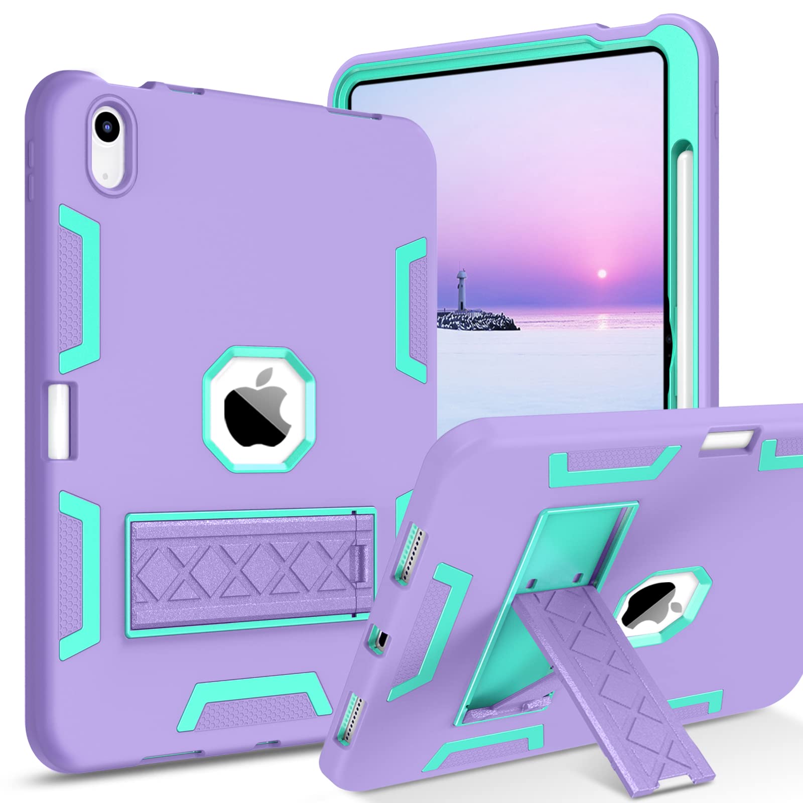 BENTOBEN for iPad 10th Generation Case,10.9 inch 2022 iPad Case, iPad 10 Case, Slim Fit Kickstand Shockproof Rugged Protection Soft Silicone Bumper Drop Protective Girls Boys Kids Cover, Purple/Mint