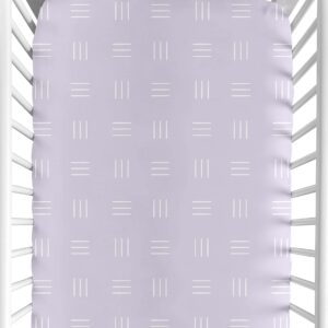 Sweet Jojo Designs Lavender Purple Boho Mudcloth Girl Fitted Crib Sheet Baby or Toddler Bed Nursery - Light Lilac and White Bohemian Woodland Tribal Southwest Mud Cloth Hatch Triple Line Shabby Chic