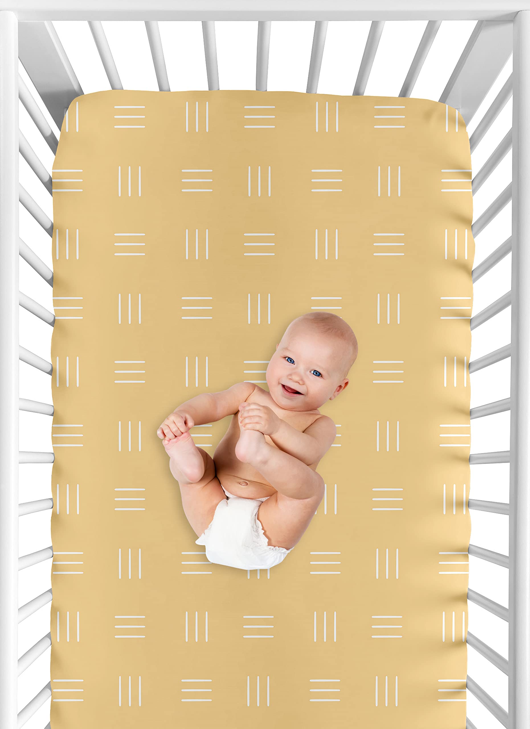 Sweet Jojo Designs Yellow Boho Mudcloth Boy or Girl Fitted Crib Sheet Baby Toddler Bed Nursery - Mustard Orange and White Bohemian Woodland Tribal Southwest Mud Cloth Hatch Gender Neutral Triple Line