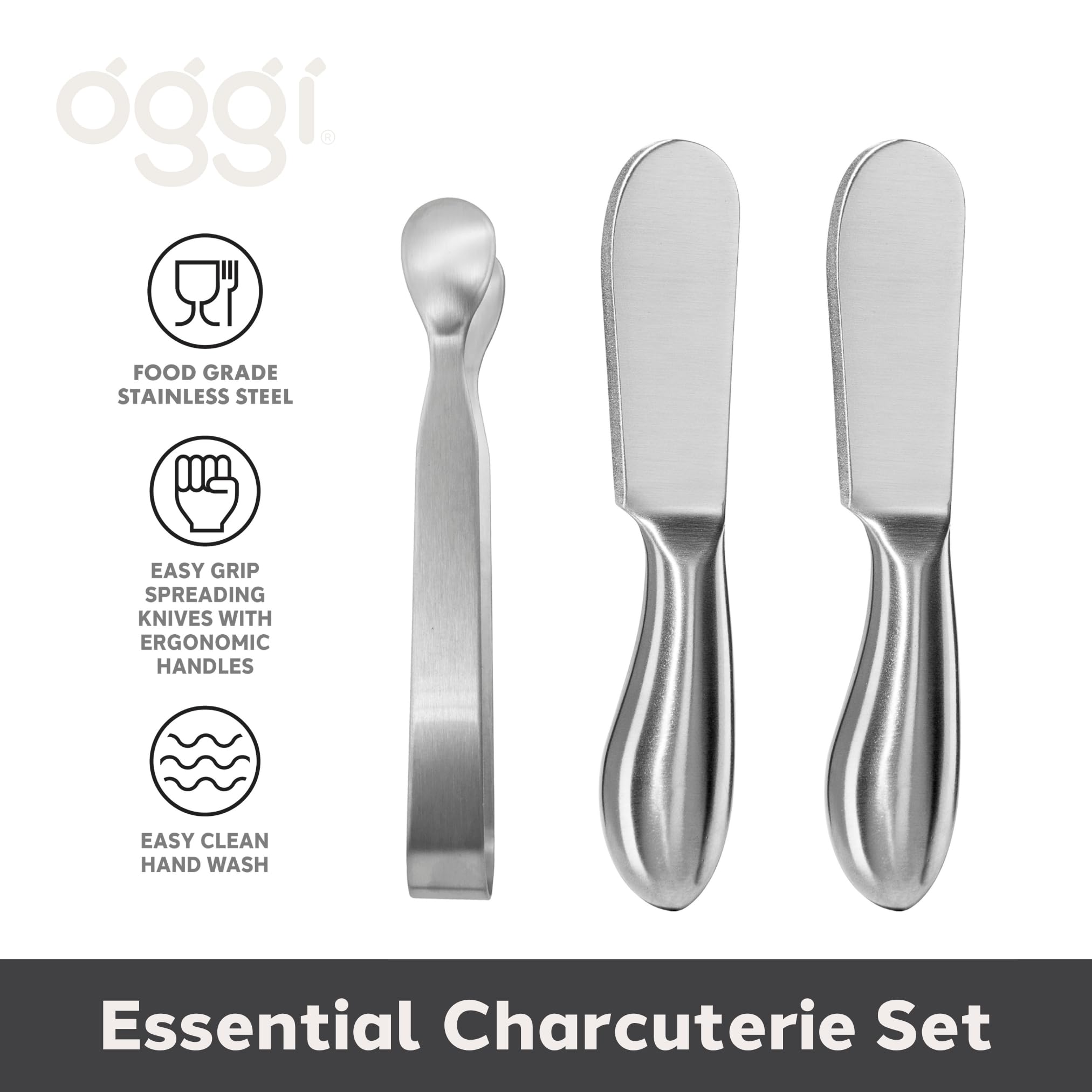 Oggi Charcuterie Utensil Set, Charcuterie Accessories, Cheese Knives Set - Stainless Steel, 3pcs with Knives/Spreaders & Tongs, 5" Long