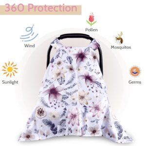 Jundetye Baby Car Seat Cover, Peekaboo Opening Winter Car Seat Canopy for Baby Girls Boys, Mom Nursing Breastfeeding Covers, Blanket for Infant, Purple Watercolor Flower