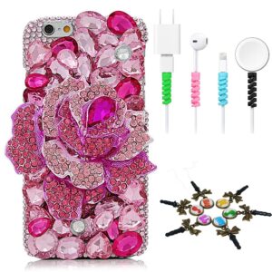 STENES Bling Case Compatible with iPhone 14 Pro Max Case - Stylish - 3D Handmade [Sparkle Series] Big Rose Flowers Design Cover with Cable Protector [4 Pack] - Pink