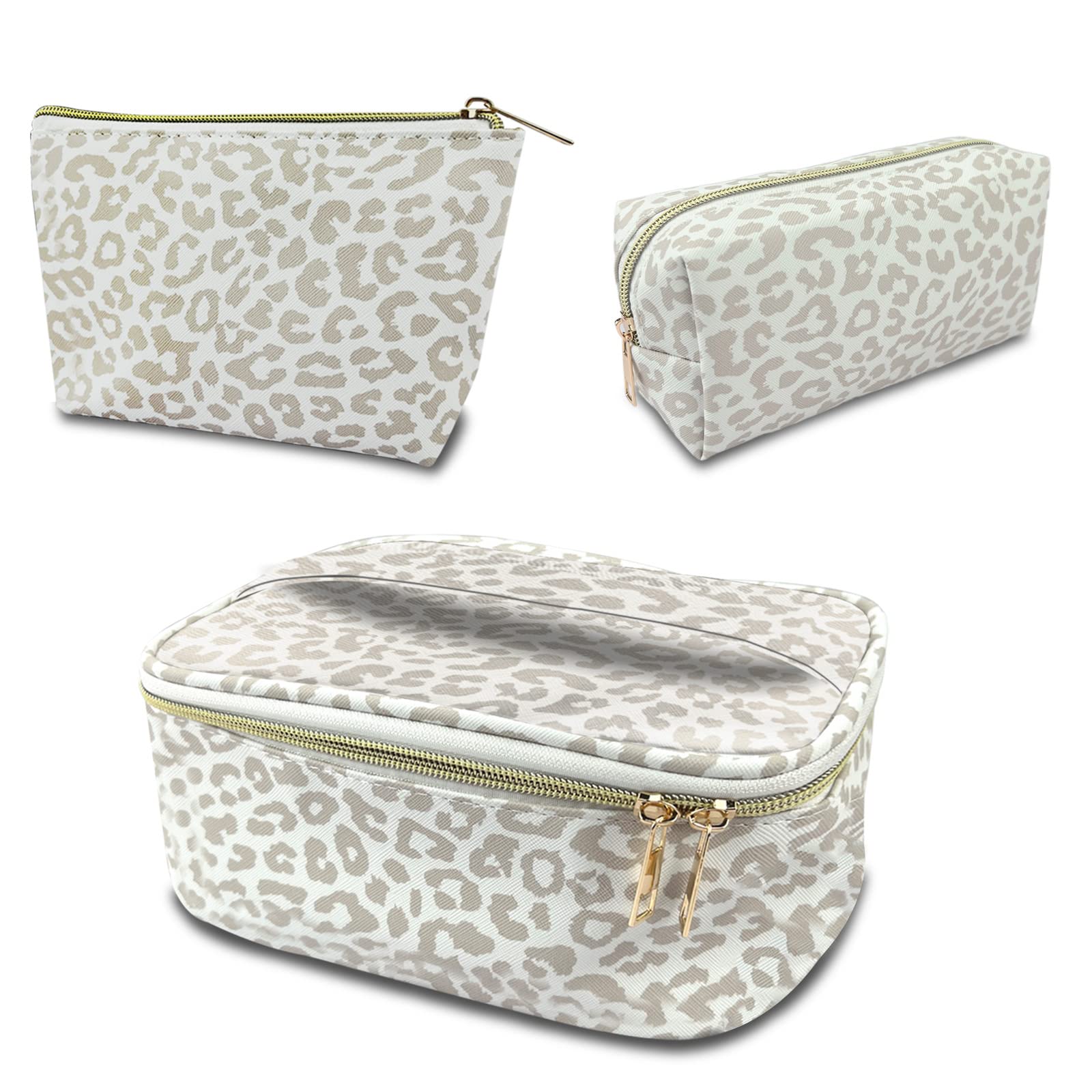 Deokke 3Pcs Makeup Bag,Travel Makeup Bag,Makeup Bags for Women,Makeup Brush Bag,Large Capacity PU Cosmetic Bag,Waterproof and Durable-Grey White Leopard Cheetah Pattern