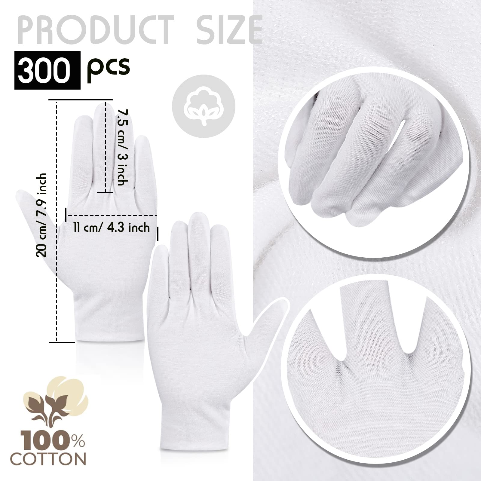 300 Pairs Moisturizing Gloves Overnight White Cotton Gloves Bulk Pack for Hands Eczema, Thin Inspection Glove Liners Soft Working Gloves for Men Women Art Handling Cleaning Jewelry Coin Collection