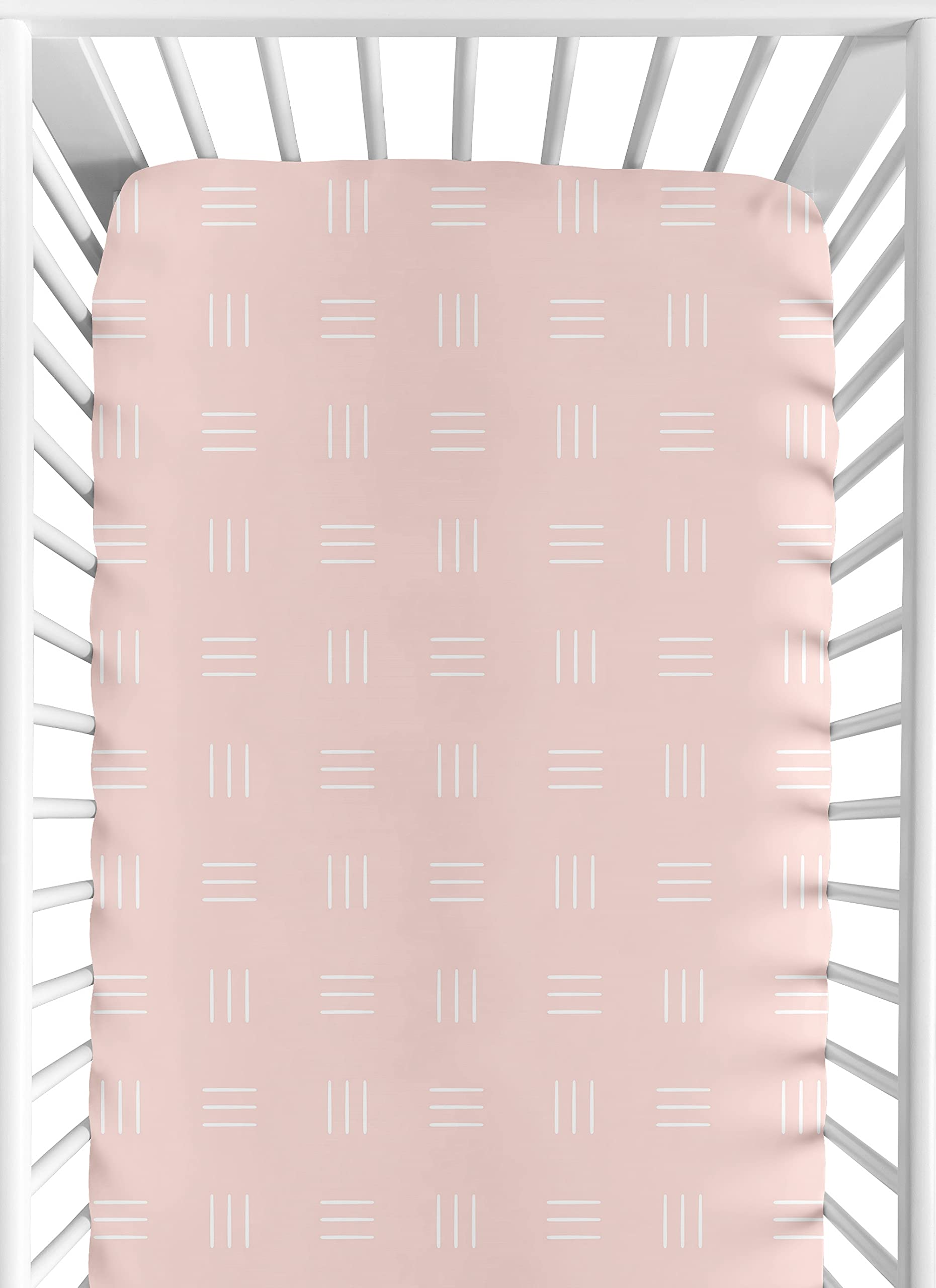 Sweet Jojo Designs Pink Boho Mudcloth Girl Fitted Crib Sheet Baby or Toddler Bed Nursery - Light Blush and White Bohemian Woodland Tribal Southwest Mud Cloth Hatch Triple Line Girl Shabby Chic