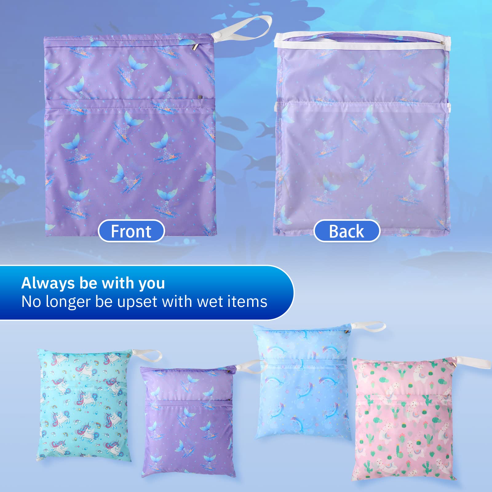 Frienda 4 Pieces Wet Dry Bag for Baby Waterproof Reusable Washable Diaper Bag Sealed with Handle for Travel, Beach, Swimsuit, Diapers, Dirty Gym Clothes and Toiletries (Mermaid)