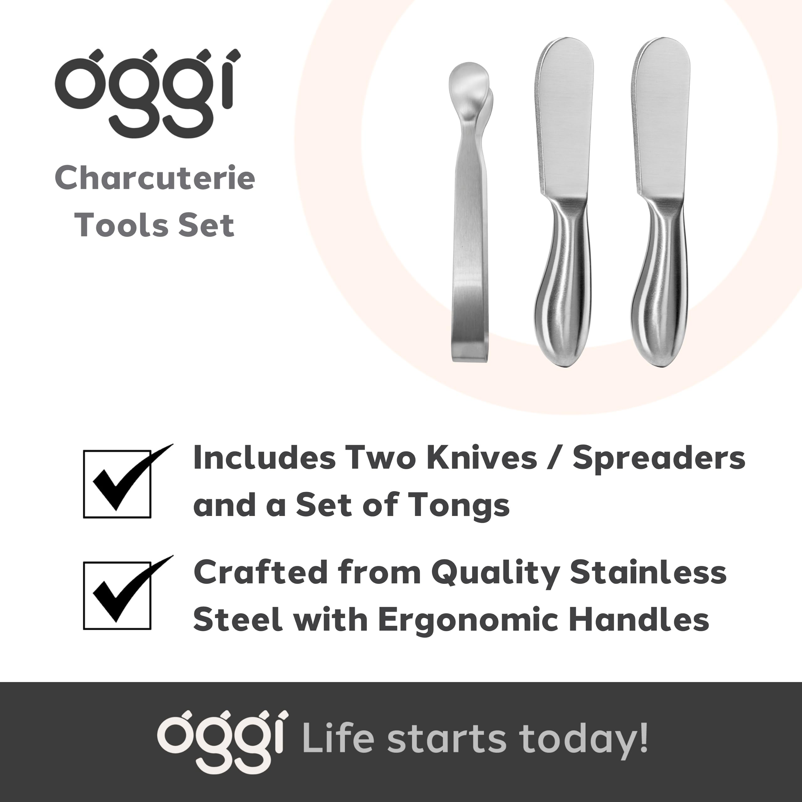 Oggi Charcuterie Utensil Set, Charcuterie Accessories, Cheese Knives Set - Stainless Steel, 3pcs with Knives/Spreaders & Tongs, 5" Long