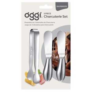 Oggi Charcuterie Utensil Set, Charcuterie Accessories, Cheese Knives Set - Stainless Steel, 3pcs with Knives/Spreaders & Tongs, 5" Long