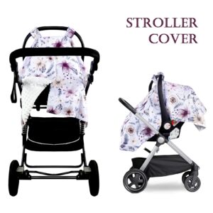 Jundetye Baby Car Seat Cover, Peekaboo Opening Winter Car Seat Canopy for Baby Girls Boys, Mom Nursing Breastfeeding Covers, Blanket for Infant, Purple Watercolor Flower