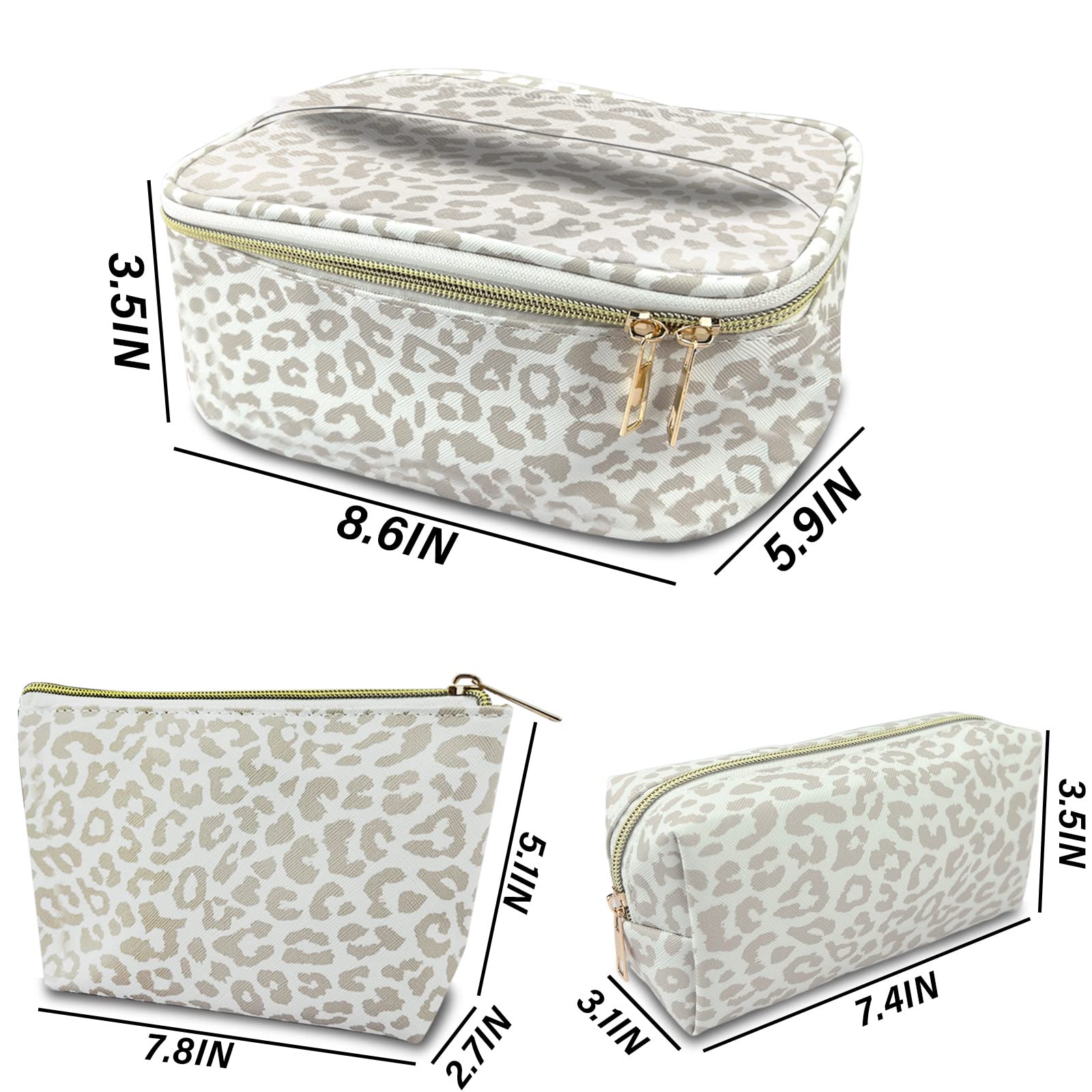 Deokke 3Pcs Makeup Bag,Travel Makeup Bag,Makeup Bags for Women,Makeup Brush Bag,Large Capacity PU Cosmetic Bag,Waterproof and Durable-Grey White Leopard Cheetah Pattern