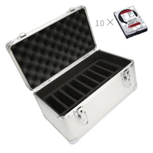 3.5in Hard Drive Box, Hard Drive Storage Box with 10 Bays, HDD Storage Box Suitcase for 3.5inch Hard Drives, Double (Silver)