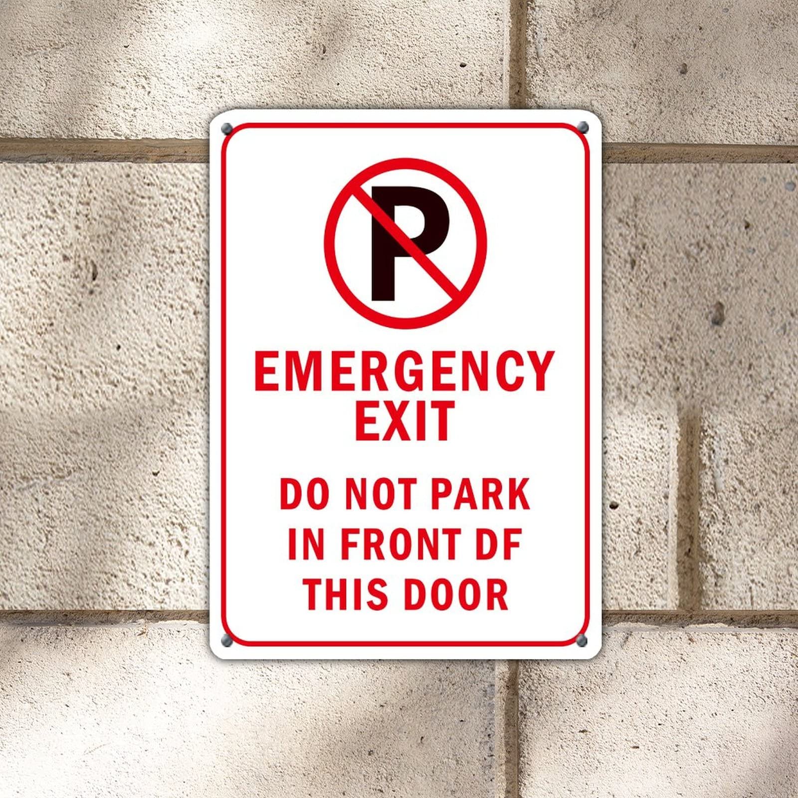 Emergency Exit Do Not Park in Front of This Door Aluminum Sign Durable Warning Wall Tin Sign Weather Resistant UV Protected Rust Free Aluminum Metal Wall Sign Decoration For Home Gate 14x10in