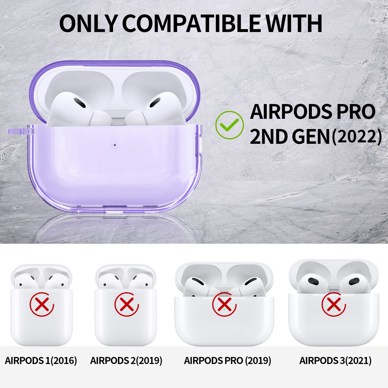 AIRSPO Airpods Pro 2nd Generation Case Cover, Clear Soft TPU Protective Cover Compatible with Apple AirPods Pro 2 Wireless Charging Case with Keychain and Lanyard (Clear Purpl)