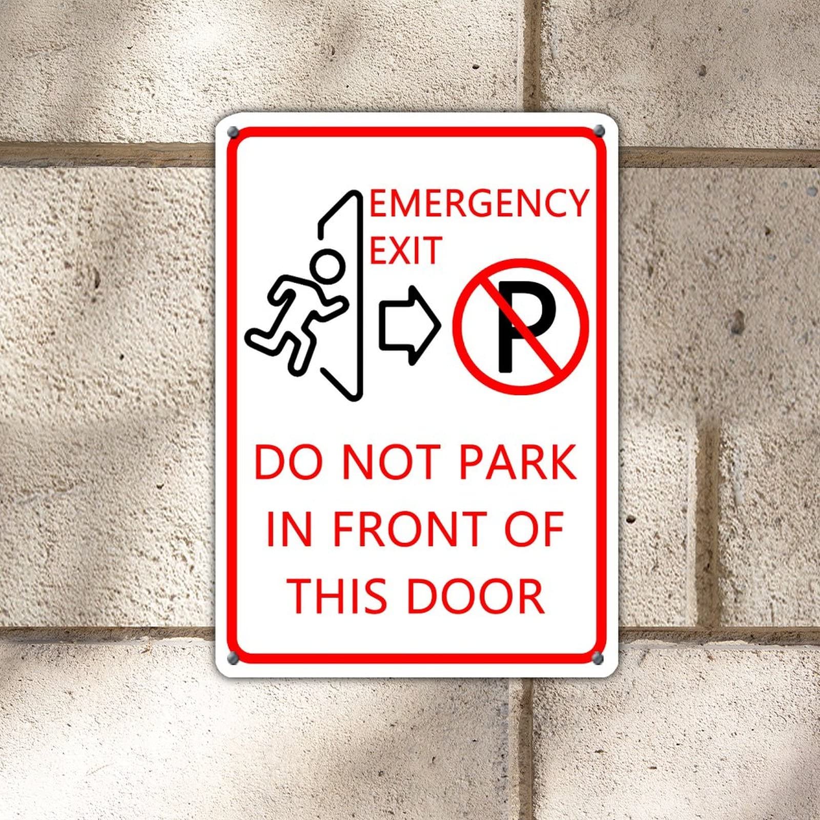 Warning Metal Sign Emergency Exit Do Not Park in Front of This Door Outdoor Tin Metal Sign Fade Resistance Durable Rust Free UV Protected Metal Decor Wall Decorative For Cafes Pubs Home Gate 14x10in