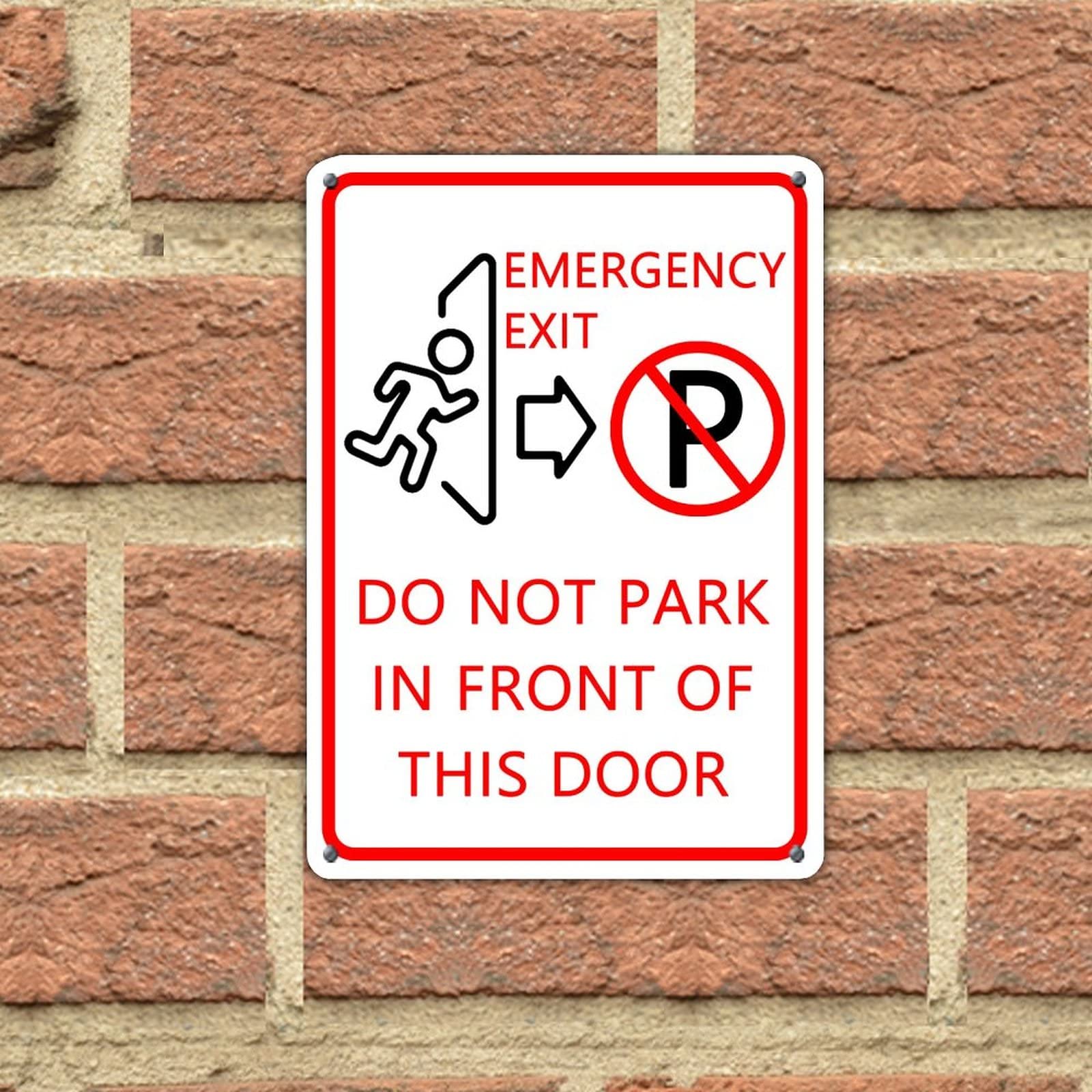 Warning Metal Sign Emergency Exit Do Not Park in Front of This Door Outdoor Tin Metal Sign Fade Resistance Durable Rust Free UV Protected Metal Decor Wall Decorative For Cafes Pubs Home Gate 14x10in