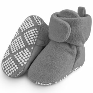 pro goleem fleece baby booties, warm cozy baby slippers, stay on sock shoes, easy to put on, unisex baby gifts, soft non-slip adjustable newborn boots for boys and girls 6-12 months, grey