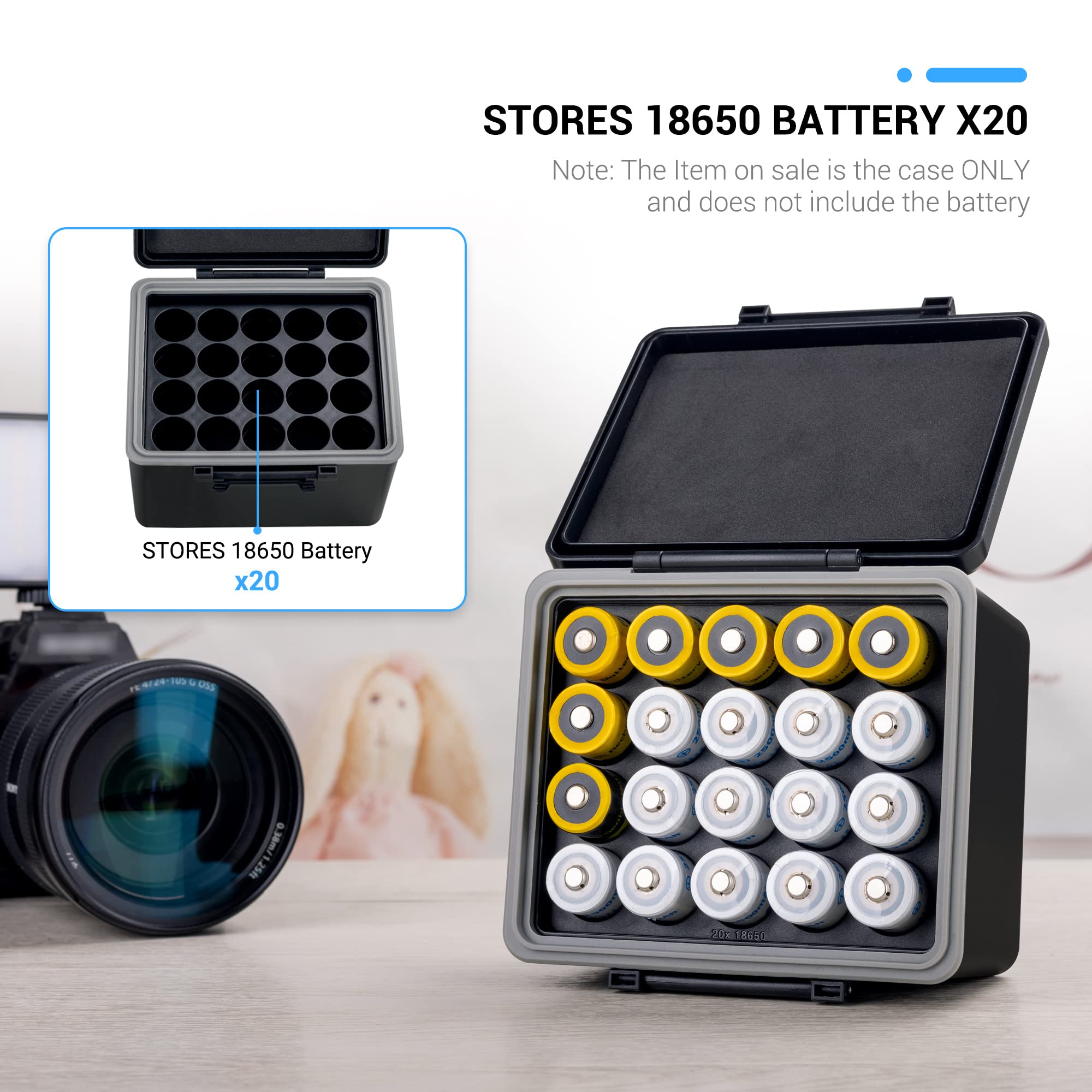 20 Slots 18650 Battery Case, 18650 Battery Organizer,High Capacity Water-Resistant Anti-Shock Anti-Dust, 18650 Battery Box Storage