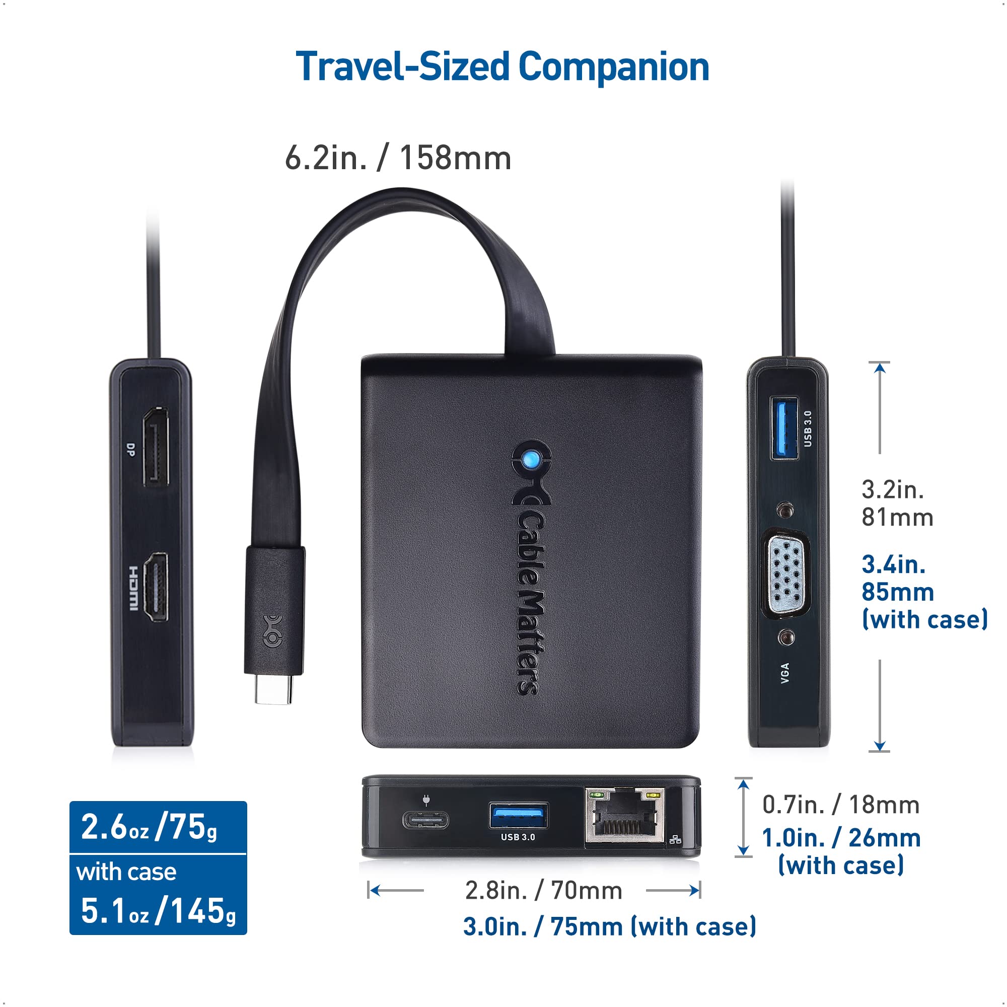 Cable Matters 7-in-1 USB C Hub with Triple Display (HDMI, DisplayPort, VGA), 2x USB 3.0, Gigabit Ethernet, 100W Charging - Thunderbolt 4 /USB 4 /USB4 Compatible with MacBook Pro, Dell XPS, Surface Pro