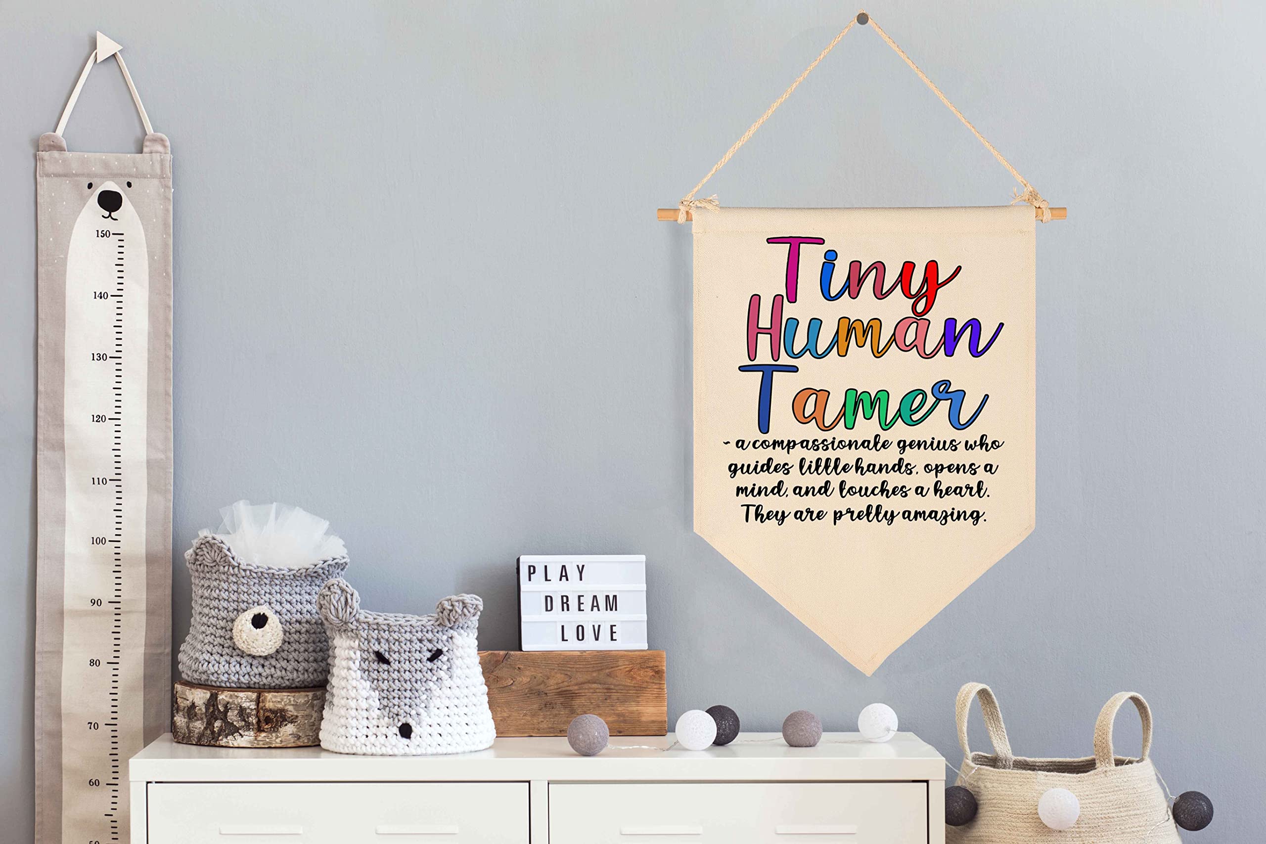 Tiny Human Tamer-Faculty Appreciation-Preschool Teacher-Thank You Gift for Nursery Teacher-End of Term Gift for Daycare Teacher,Nursery Worker-Canvas Hanging Pennant Flag Banner Wall Sign Decor