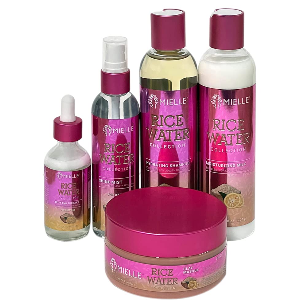 Mielle Rice Water Collection - Length Retention For Dry & Damaged Hair Sulfate-Free Shampoo, Moisturizing Milk, Clay Masque, Split End Therapy, Shine Mist – Full Collection Bundle Combo Set 5PCS