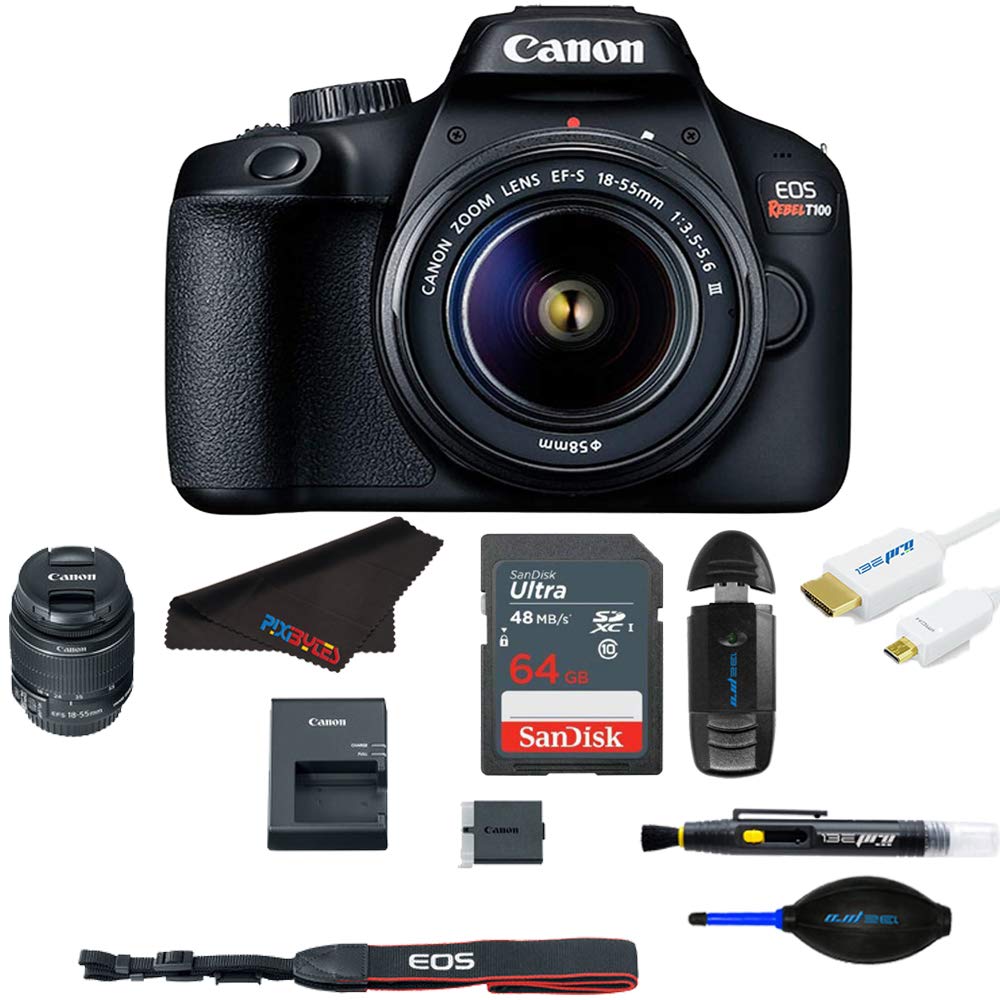 EOS Rebel T100 (EOS 4000D) DSLR Camera w/ 18-55mm DC III Zoom Lens with Pixibytes Basic Bundle (Renewed)