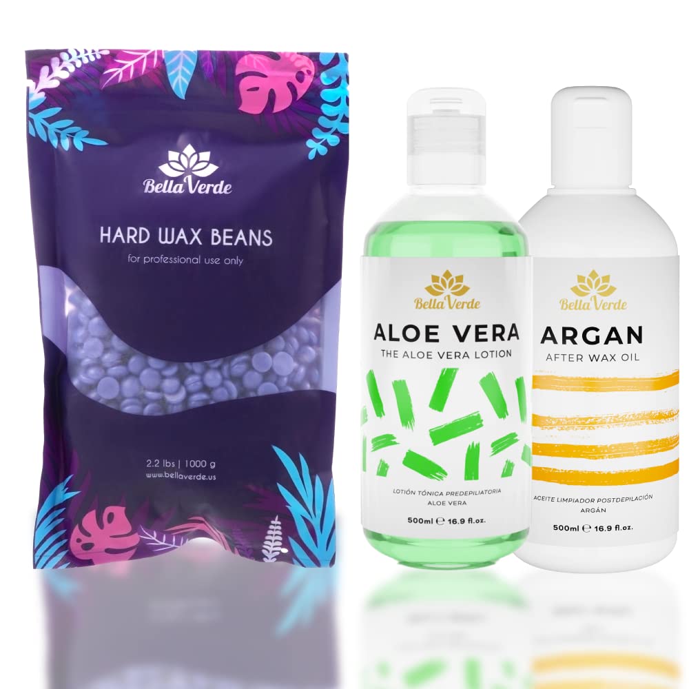 Bella Verde Pre and Post Waxing Care - Home Kit for Women and Men - Wax Beans 2.2lb - Hard Wax Beads for Hair Removal - Care for Brazilian Body Legs Eyebrows Face Lips Armpits