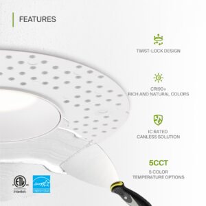 ASD Trimless 3 Inch LED Recessed Light, 12W 120V Commercial LED Downlight, Canless Dimmable LED Downlights for Ceiling with J-Box, 5 CCT 2700K-5000K, CRI 90+, IC Rated, ETL, Energy Star, White 18 Pack