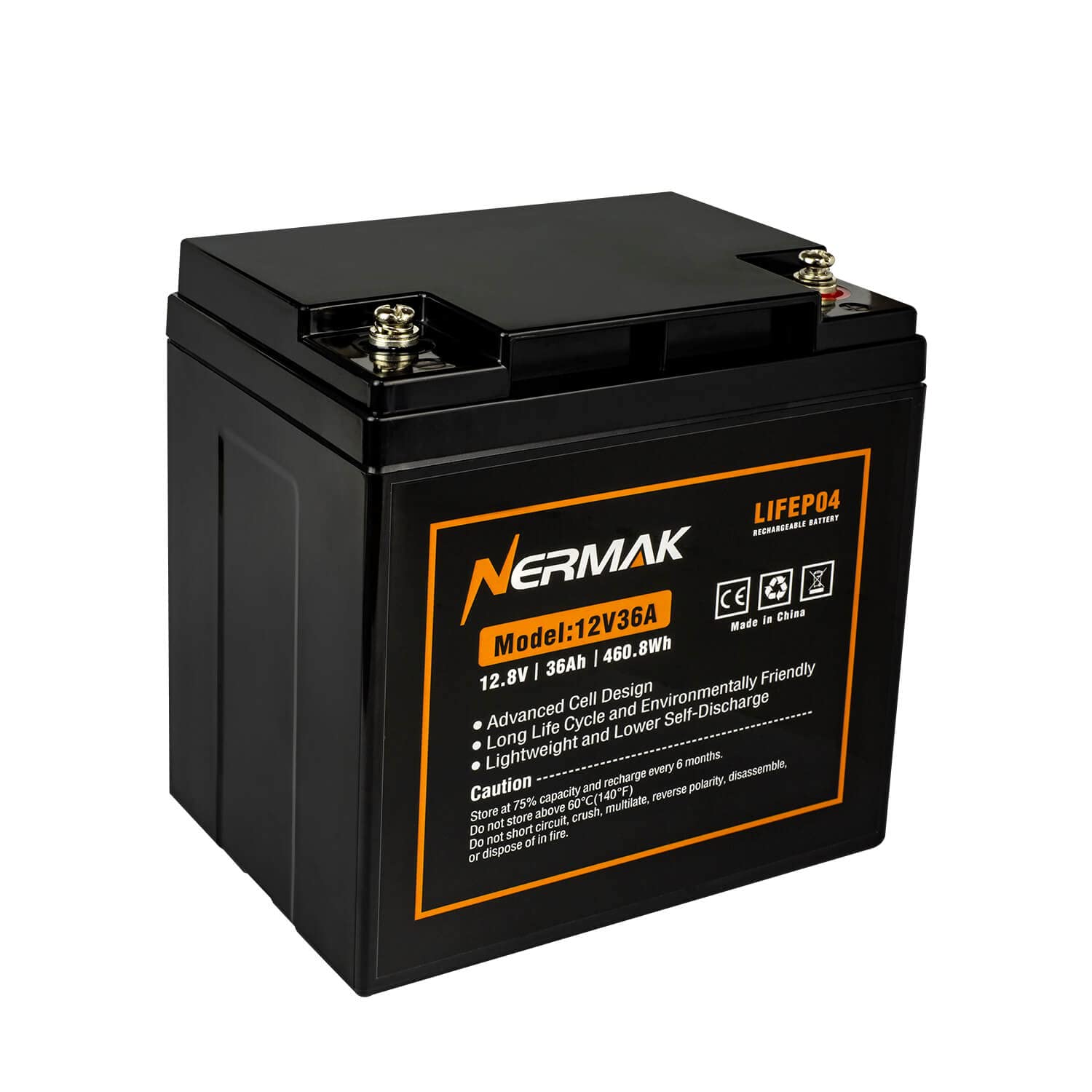 NERMAK 12V 36Ah Lithium LiFePO4 Deep Cycle Battery, 2000+ Cycles Lithium Iron Phosphate Rechargeable Battery for Solar, RV, Scooter, Marine, Electric Wheelchair, Trolling Motor Built-in 36A BMS