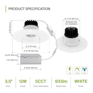 ASD Trimless 3 Inch LED Recessed Light, 12W 120V Commercial LED Downlight, Canless Dimmable LED Downlights for Ceiling with J-Box, 5 CCT 2700K-5000K, CRI 90+, IC Rated, ETL, Energy Star, White 18 Pack