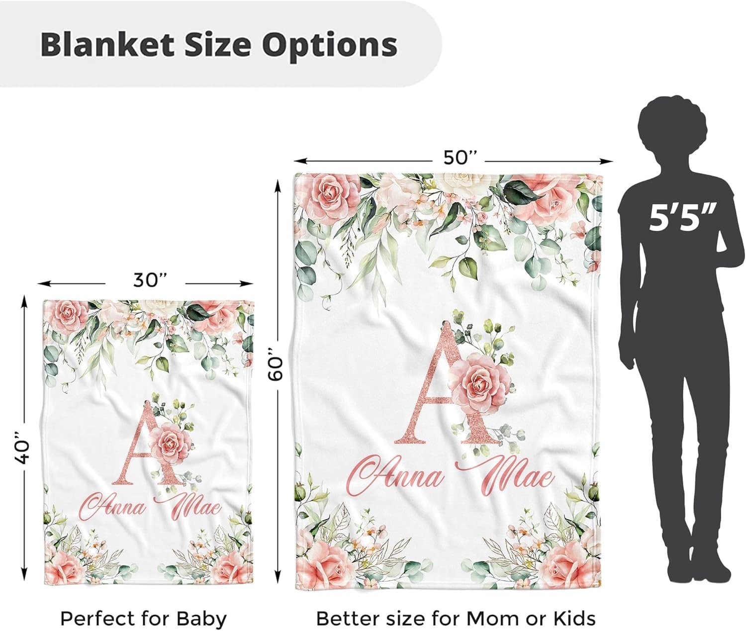 Honestchi Floral Personalized Baby Blankets for Girls - Custom Baby Girl Blanket - Customized Baby Gifts with Name - Soft, Lightweight & Giftable