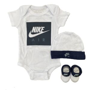 Nike Air Baby Boy Bodysuit, Hat and Booties 3 Piece Set (O(LN0058-001)/W, 0-6 Months)