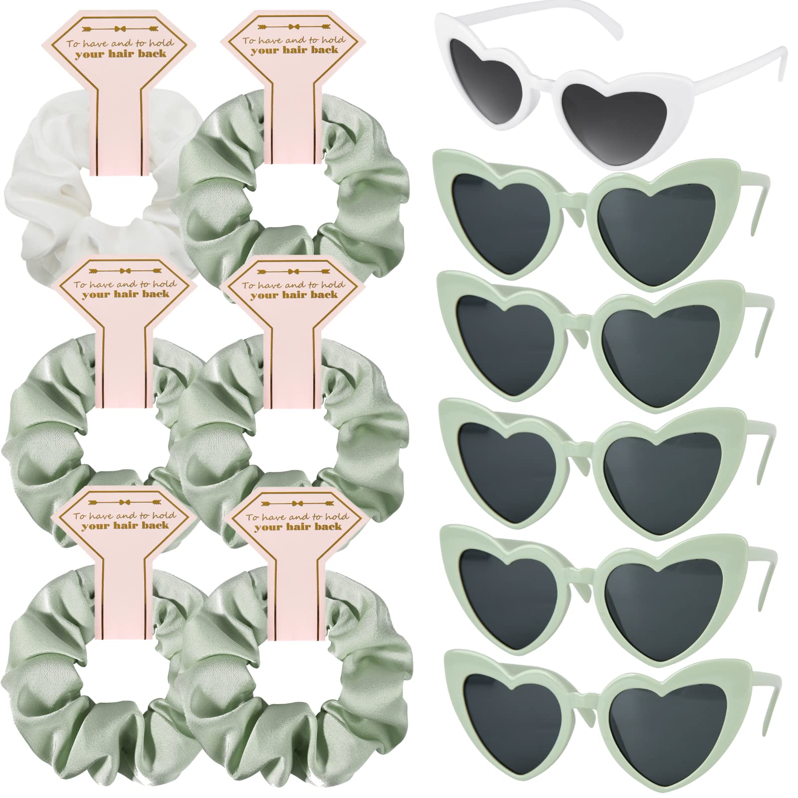 Loanzeg Satin Bridesmaid Scrunchies Bachelorette Hair Ties Set of 6 sunglasses Bridal Shower No Damage Hairties ideas Gift for Wedding Party Favors Bridesmaid Proposal Gifts (White&Sage Green)