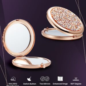 OMIRO 1X/10X(300R) Magnifying Compact Mirror, Mini Mix Diamond Metal Pocket Makeup Mirror (Rose Gold)