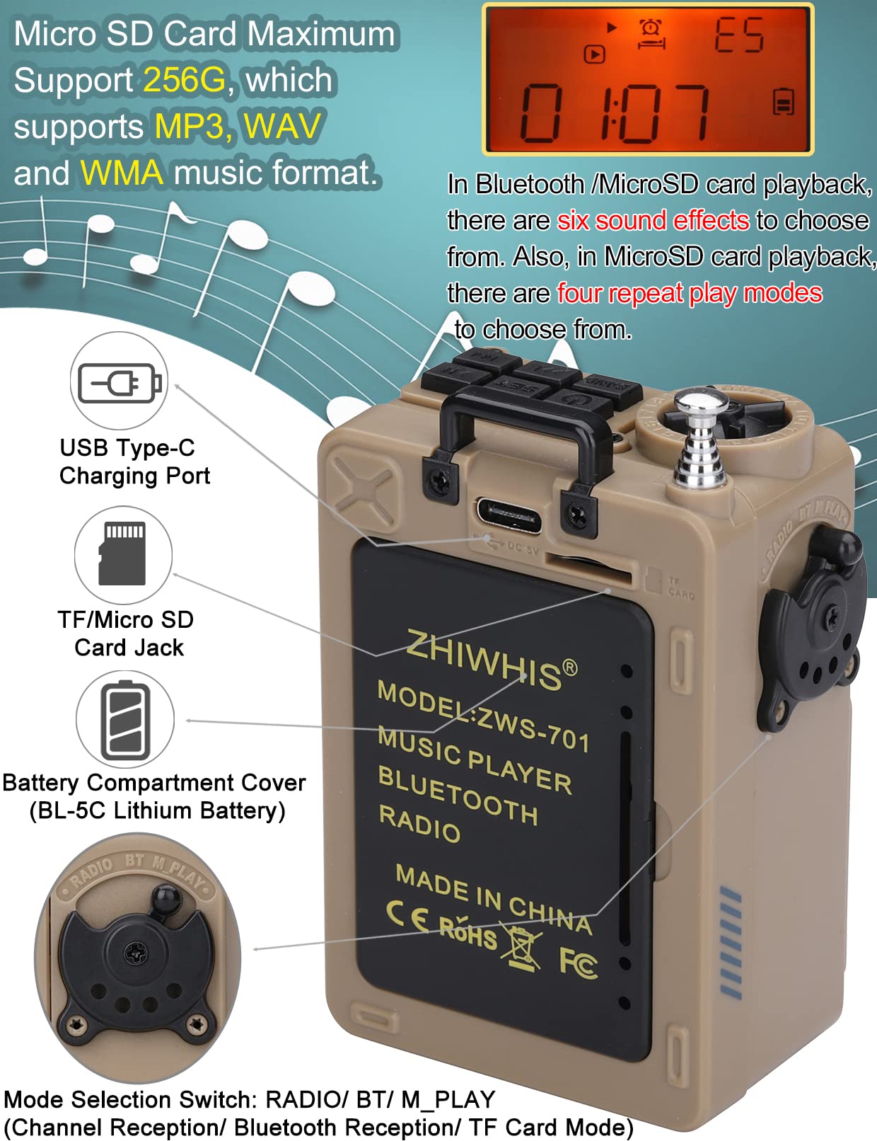 ZHIWHIS Shortwave Radio, MP3 Player with Weather Radios Portable AM FM, Retro Bluetooth Speaker with 6 EQ Modes, Rechargeable Alarm Clock Receiver with Sleep Time and NOAA Alerts ZWS-701