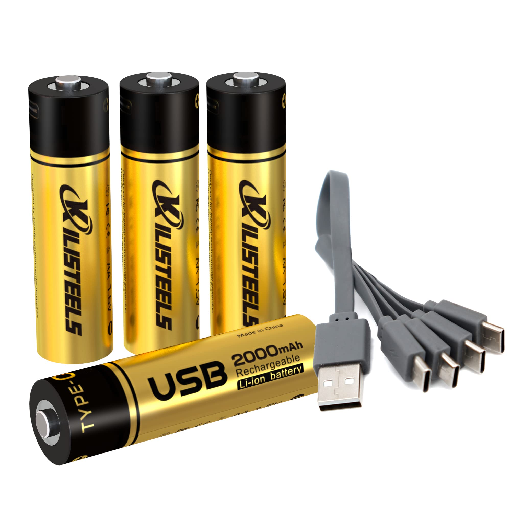 Rechargeable AA Batteries,4 Pc-1.5v AA Lithium Batteries,4-In-1 Type-C USB AA Rechargeable Battery,2000 mAh AA Batteries Rechargeable,Lithum-Ion Battery AA,Charges 1.5 Hours,Reuse Over 1200 Times