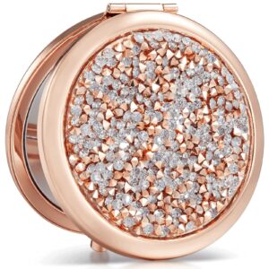 omiro 1x/10x(300r) magnifying compact mirror, mini mix diamond metal pocket makeup mirror (rose gold)