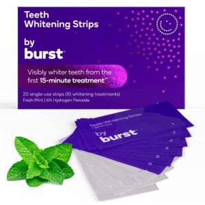 burst teeth whitening strip kit - sensitive teeth friendly - 10 treatments with no-slip grip - white strips whiten with visible results in just 15 minutes - mint + coconut whitening strips