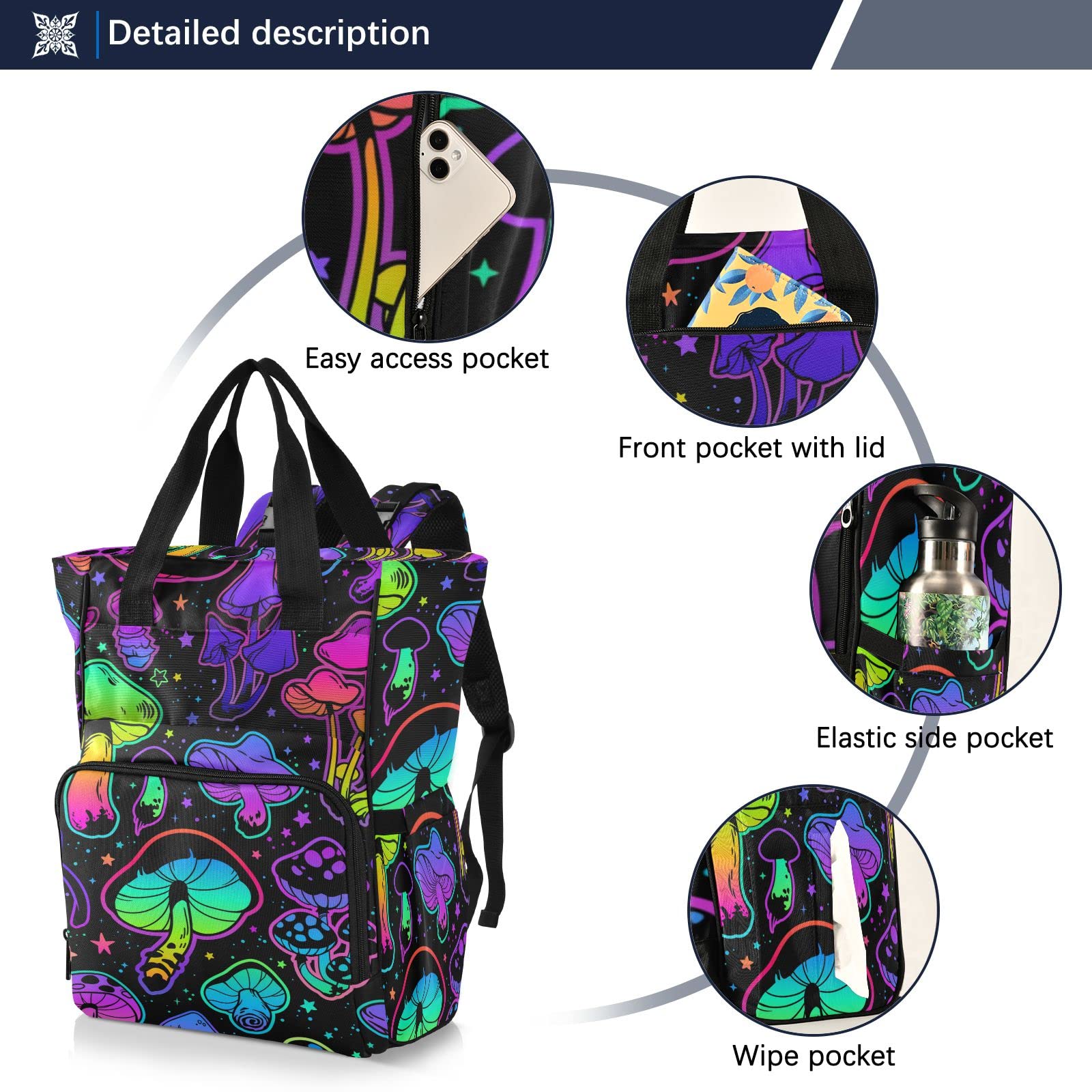 ZENWAWA Rainbow Color Mushroom Diaper Backpack Multifunctional Nappy Backpack Bag Tote Unisex Large Capacity with Stroller Straps Insulated Feeding Bottle inserts for Outdoor Hiking Travel