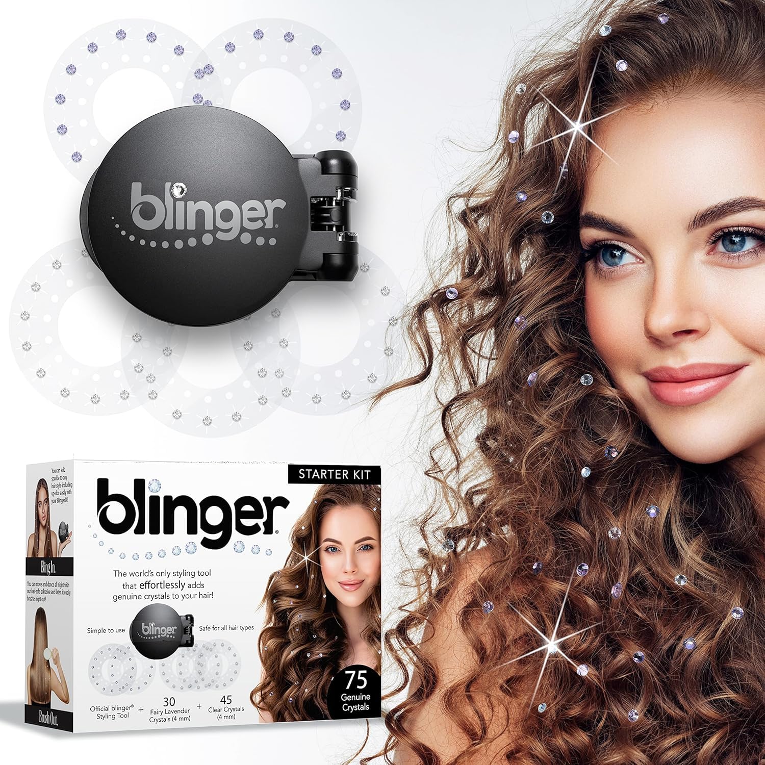 blinger Starter Kit | Women's Hair Styling Tool + 75 Precision-Cut Glass Crystals | Bling Hair in Seconds! Bedazzling Multi-Faceted Gems | Hair-Safe – Bling In Brush Out