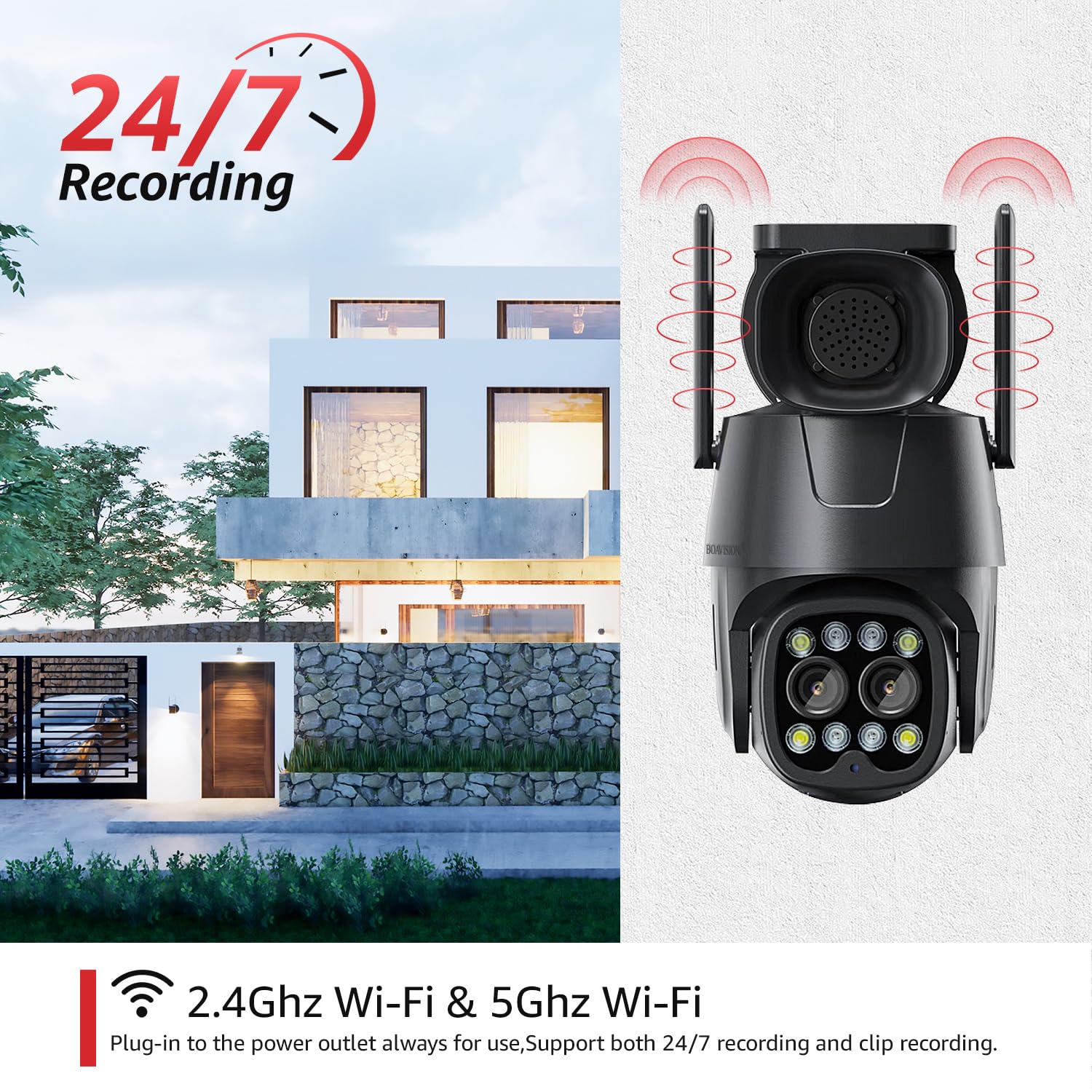 BOAVISION 2K Security Cameras Wireless Outdoor,360° View Dual Lens PTZ WiFi IP Camera Home Security Outdoor AI Human Tracking 8X Zoom 2-Way Audio Color Night Vision