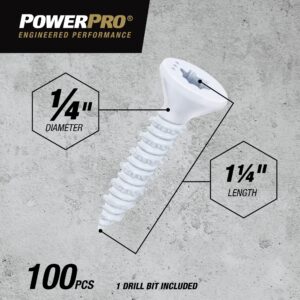 Power Pro White Flat-Head Concrete Screw Anchors (1/4" x 1-1/4") - 100 pc