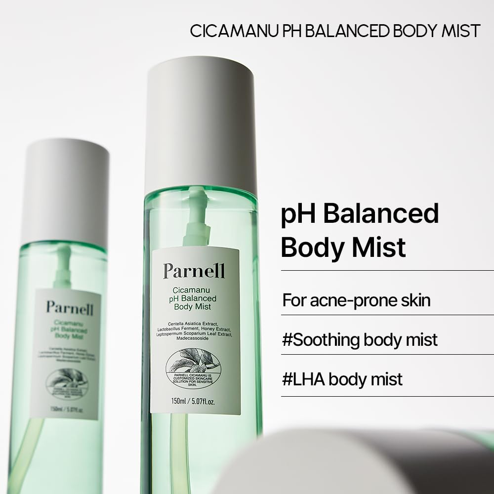 Parnell Cicamanu pH Balanced Body Mist - Centella Asiatica, Hyaluronic Acid, Ceramide, LHA, PHA, Mild Exfoliating, Soothing and Moisturizing Mist for Body, Back Acne and Bacne (5.07 Fl Oz / 150ml)