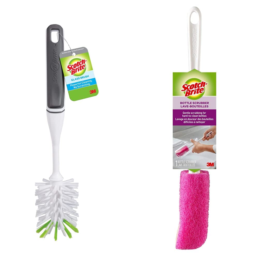 Scotch-Brite Glass and Water Bottle Brush + Scotch-Brite Water Bottle Scrubber, Safe On Multiple Types of Water Bottles, Vases, and More