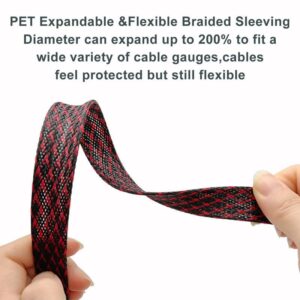 25ft - 1/2 inch Braided Cable Management Sleeve Cord Protector PET Expandable Braided Sleeving-Self-Wrapping Wire Loom for TV/Computer/Home Theater/Engine Bay - Black&Red