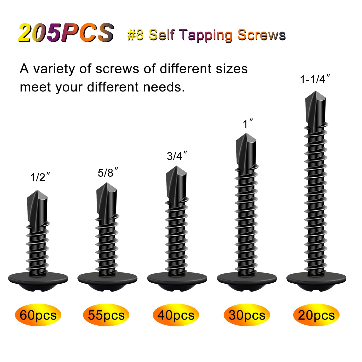 weideer #8 Self Drilling Screws Self Tapping Tek Screws Assortment Kit Black Oxide Truss Head Sheet Metal Screws 410 Stainless Steel 205pcs (1/2" to1-1/4)